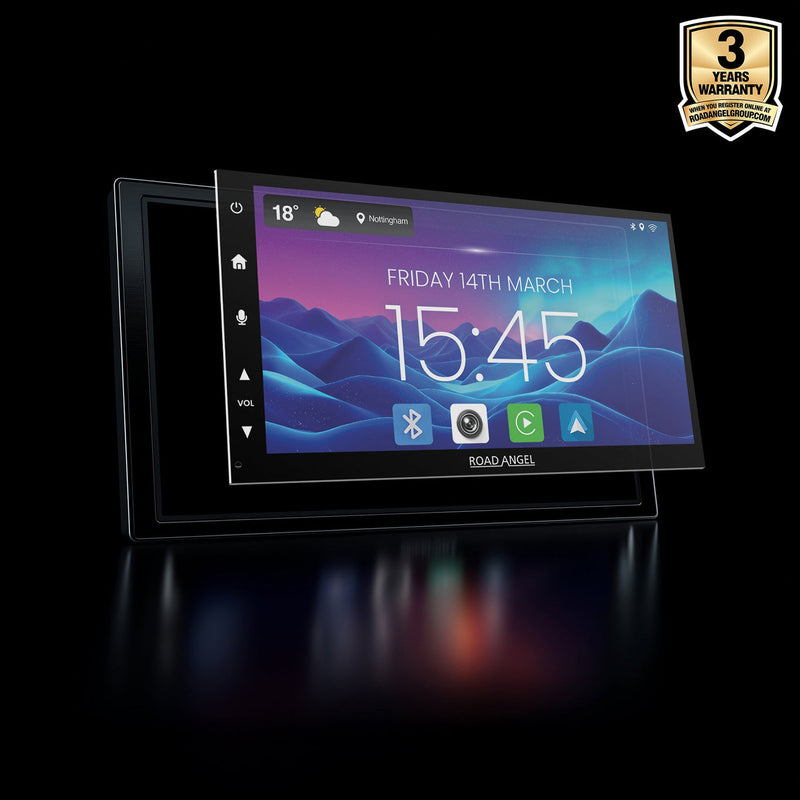 Digital display with a clock and weather app on a black background, featuring a '3 Years Warranty' badge.