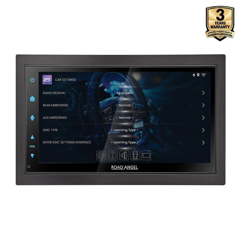 Car navigation screen with 'Road Angel' branding and a 3-year warranty badge on a white background.