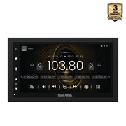Car stereo with digital display and 'Road Angel' branding, featuring a 3-year warranty badge.