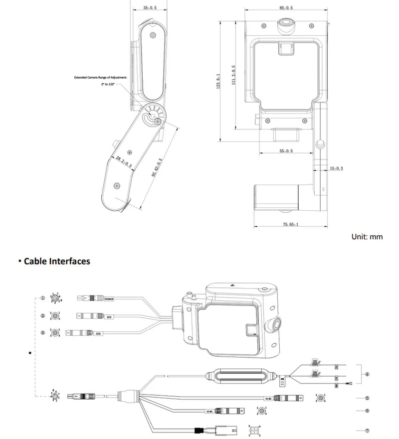 Technical line drawing showing dimensions and cable interface details for a camera accessory, with front, side, and cable layout views on a white background.