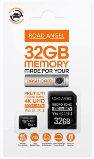Road Angel 32GB memory card packaging with dash cam illustration on a white background