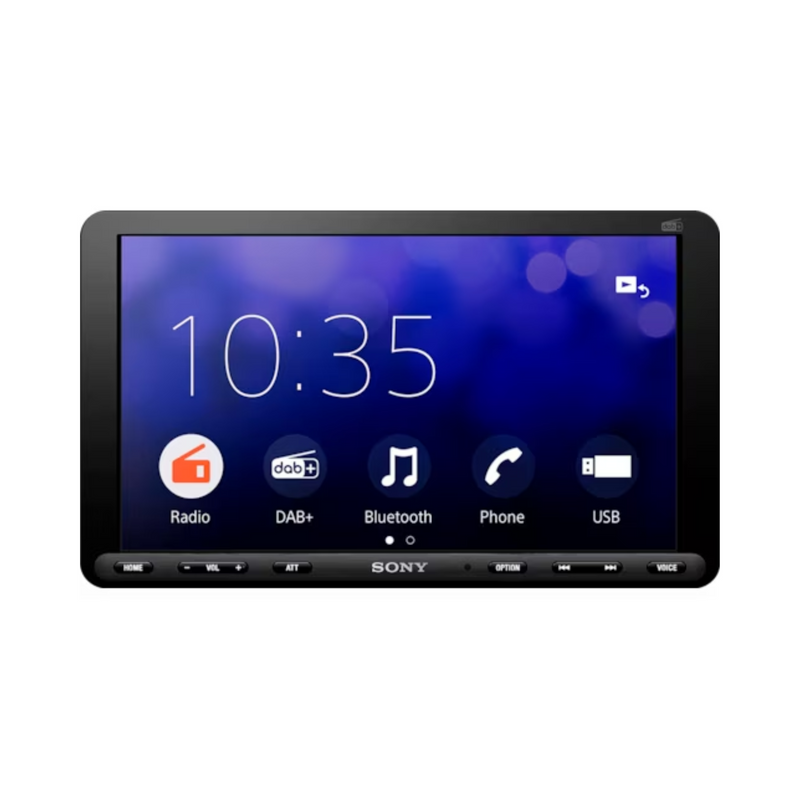 Sony XAV-AX8150 8.95" DAB Media Receiver with a touchscreen display, showing icons for various features like radio, Bluetooth, and phone connectivity.