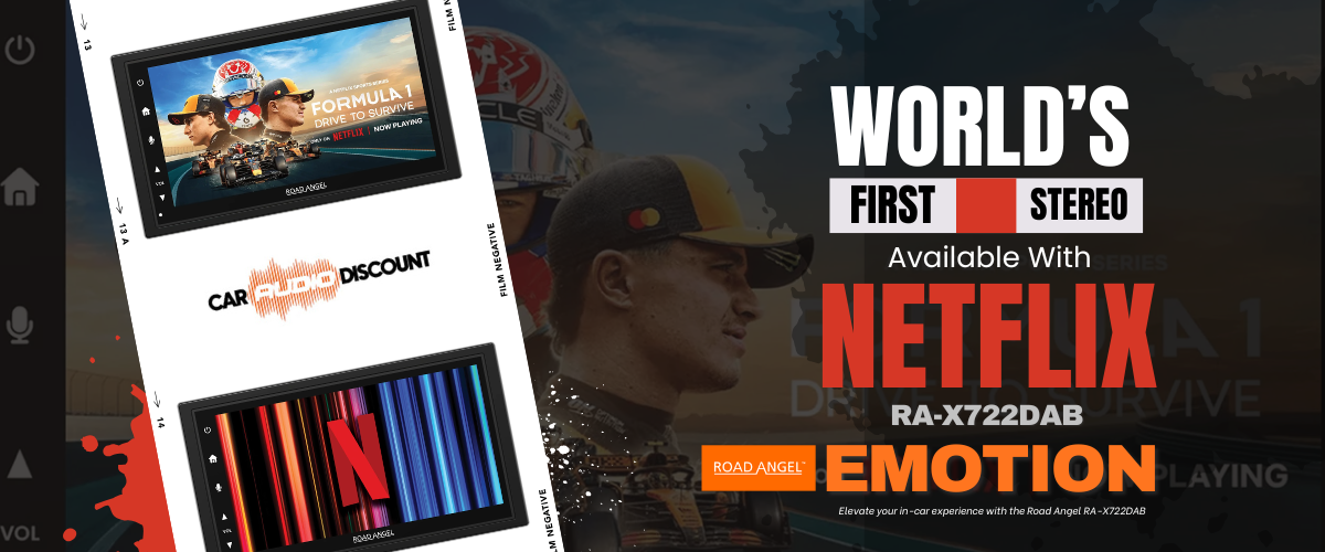 Advertisement for a car stereo system with Netflix integration, featuring a man wearing a cap.