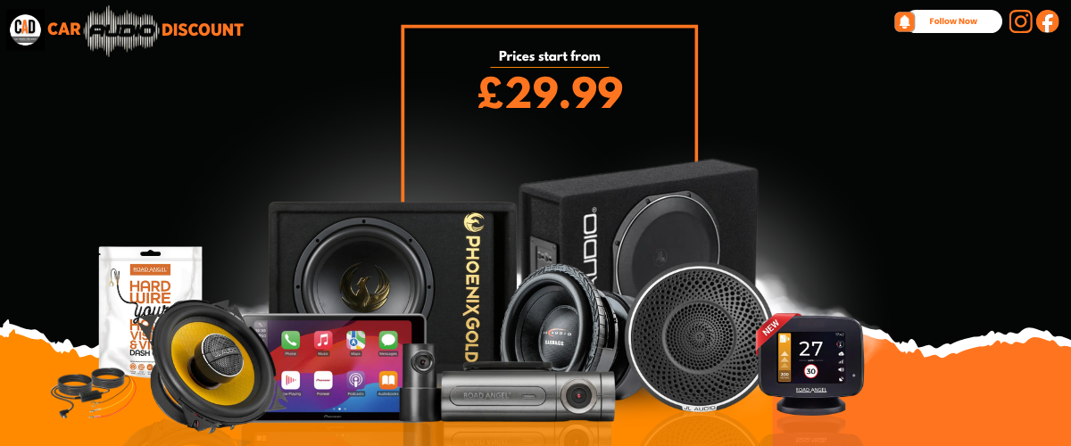 Car audio equipment with prices displayed on a promotional banner.