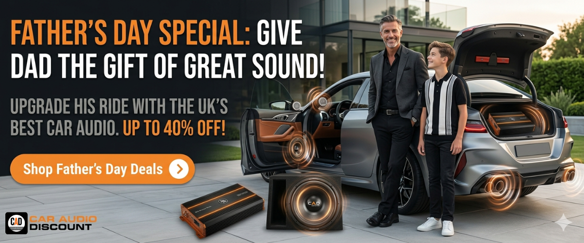 Father's Day promotion for car audio upgrade with a man and child standing next to an open car trunk.