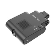 A black Hikvision wireless video recorder adapter with a matte finish, featuring a speaker grille, LED status indicators, and a power button, shown on a solid white background.