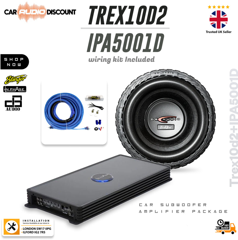TREX10D2 IPA5001D car subwoofer amplifier package on a white background, featuring a large black subwoofer cone, a black rectangular amplifier unit, a blue cable roll, and various included accessories. The image includes branding for Car Audio Discount, Shop No.