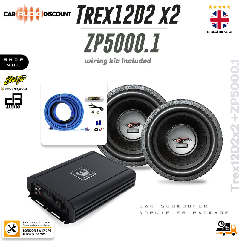 Car subwoofer wiring kit package featuring two TEx21D2 x2 ZP5000.1 subwoofers, a black power amplifier, blue wiring cable, and various connectors, displayed on a white background with brand and seller logos.