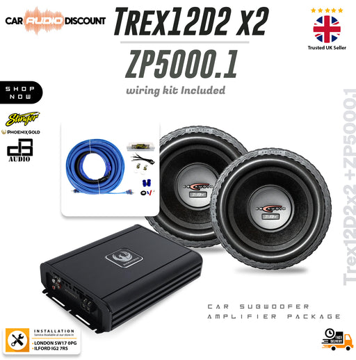 Phoenix Gold ZP5000.1 5000W SPL amplifier with DB Audio TREX-12D2 subwoofers and complete amplifier wiring kit