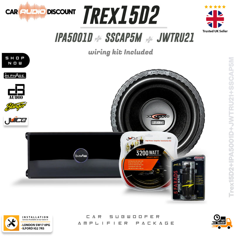 Car subwoofer amplifier package featuring a large subwoofer speaker, a black amplifier module, a 3200 watt power cable, and battery packs, with branding and model text 'TREX15D2' on a white background.