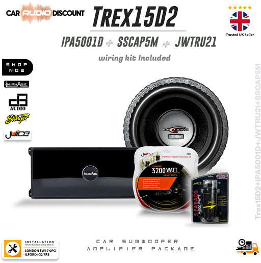 Car subwoofer amplifier package featuring a large subwoofer speaker, a black amplifier module, a 3200 watt power cable, and battery packs, with branding and model text 'TREX15D2' on a white background.