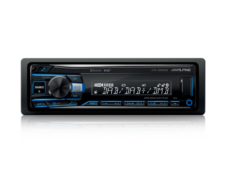 Alpine UTE-204DAB 1 DIN digital media receiver with DAB+, Bluetooth, USB, touchscreen, and hands-free calling for premium in-car audio.