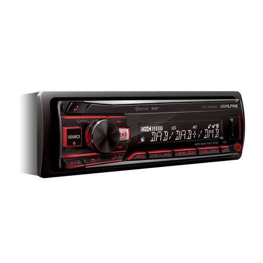 Alpine UTE-204DAB 1 DIN digital media receiver with DAB+, Bluetooth, USB, touchscreen, and hands-free calling for premium in-car audio.