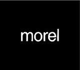 White 'morel' logo on a black background