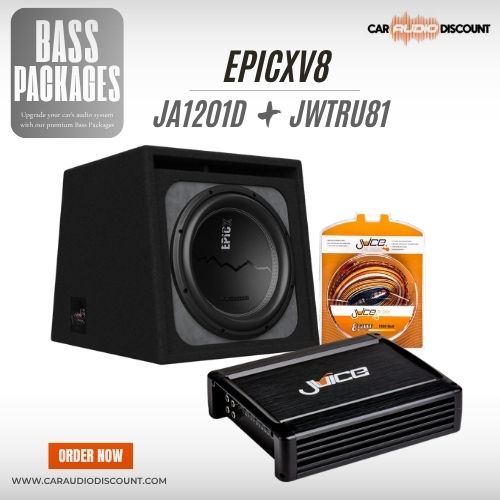 AudioControl EPICXV8 8-inch subwoofer with Juice JA1201D mono amplifier and JWTRU81 amplifier wiring kit