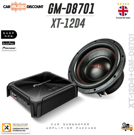 Pioneer car subwoofer amplifier package including a black amplifier box and a black subwoofer speaker with red stitching, shown on a white background with model text GM-D8701 XT-12D4 and seller badges.