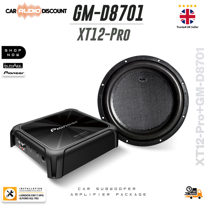 Pioneer XT12-Pro car subwoofer amplifier package, featuring a black 12-inch subwoofer and a black Pioneer amplifier on a white background with product specifications and badges.