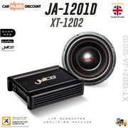 Juice car subwoofer amplifier package featuring a black Juvica XT-12D2 amplifier and a matching 12-inch subwoofer driver, shown on a white background with promotional badges and text.
