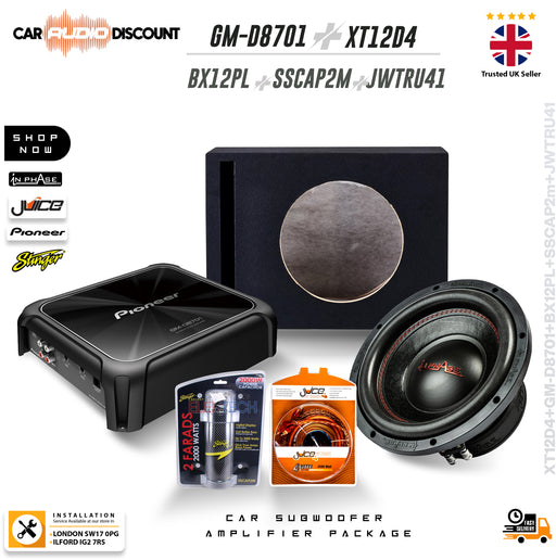 Pioneer car subwoofer amplifier package including a black amplifier, a black subwoofer enclosure with a circular port, a woofer speaker, two batteries, and an orange package, shown on a white background with model text and brand logos.