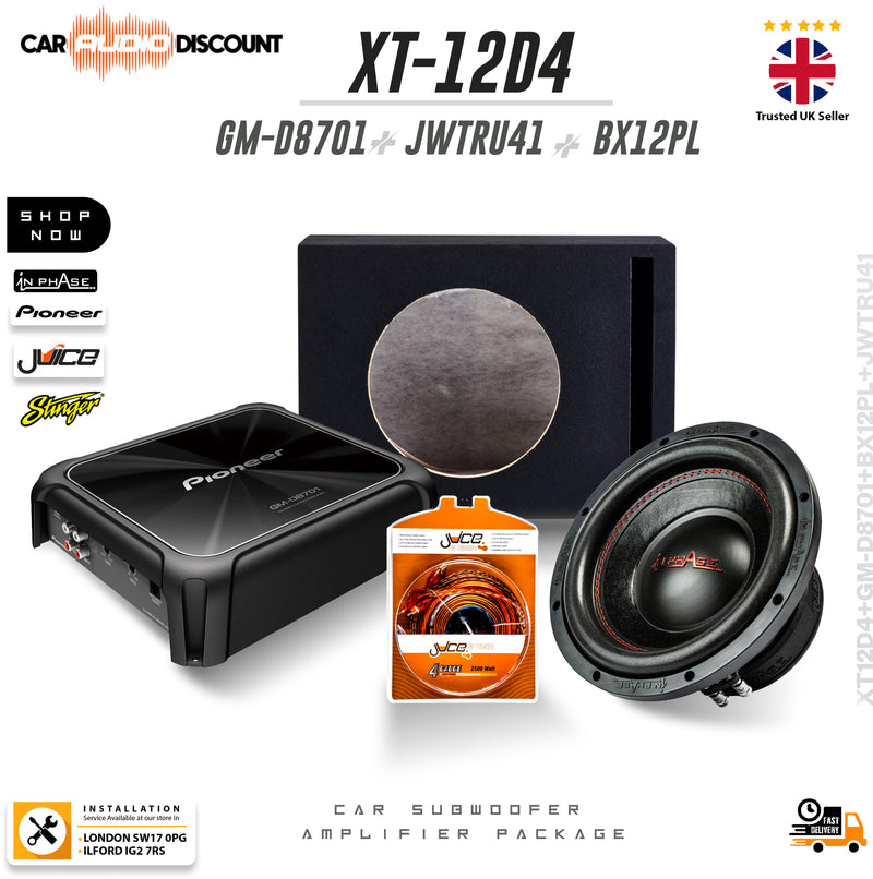 Pioneer GM-D8701 1600W mono amplifier with In Phase XT-12D4 12-inch subwoofer box, wiring kit and bass remote