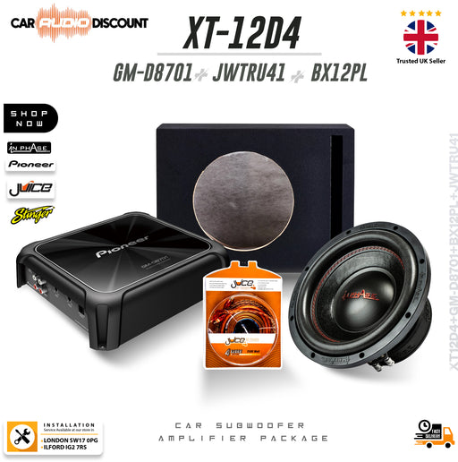 Pioneer GM-D8701 1600W mono amplifier with In Phase XT-12D4 12-inch subwoofer box, wiring kit and bass remote