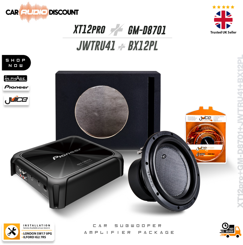 Pioneer XT12PRO car subwoofer amplifier package with a black amplifier, a black subwoofer box, a subwoofer driver, and an orange JWO speaker wire package on a white background with product specifications and logos.