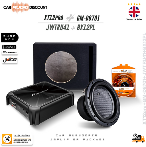 Pioneer XT12PRO car subwoofer amplifier package with a black amplifier, a black subwoofer box, a subwoofer driver, and an orange JWO speaker wire package on a white background with product specifications and logos.