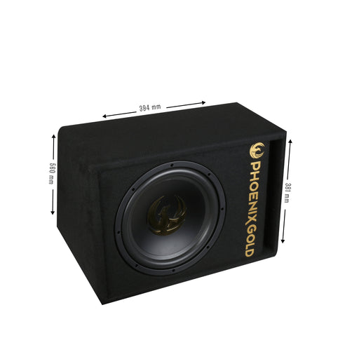 A black Phoenix Gold Z12AB 12-inch compact powered subwoofer with built-in amplifier.