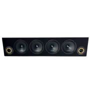 Black center channel speaker with four drivers on a white background