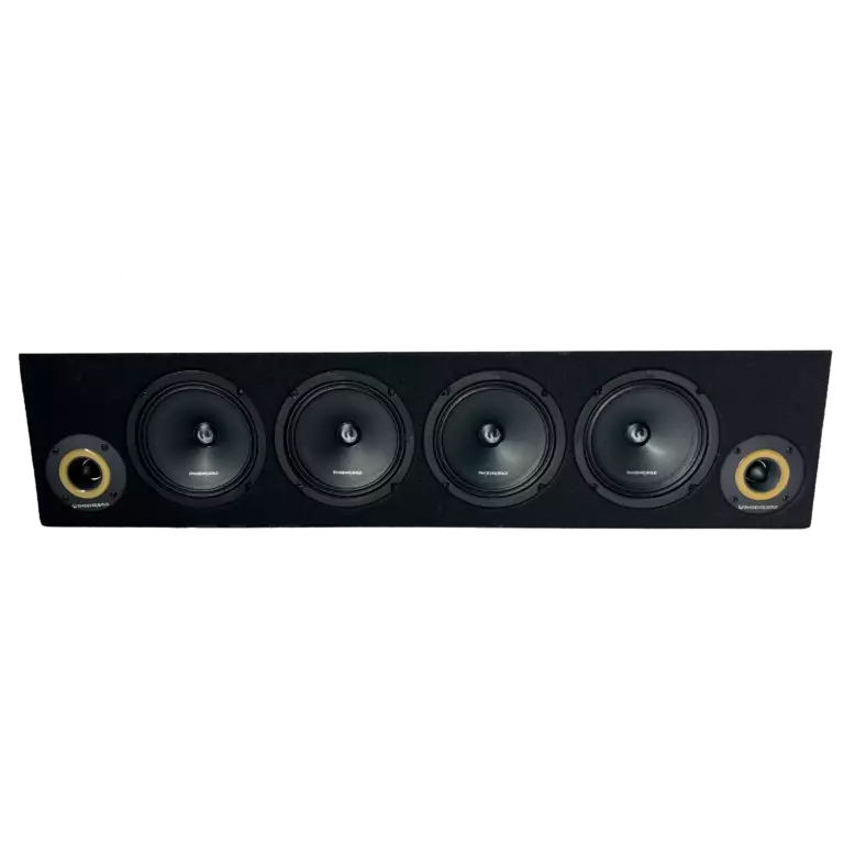 Black center channel speaker with four drivers on a white background