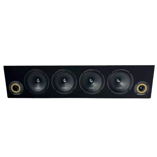 Black center channel speaker with four drivers on a white background