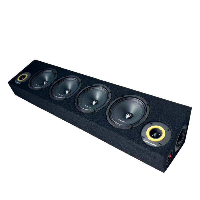 Car audio subwoofer box with five speakers on a white background