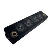 Black speaker system with multiple drivers on a white background