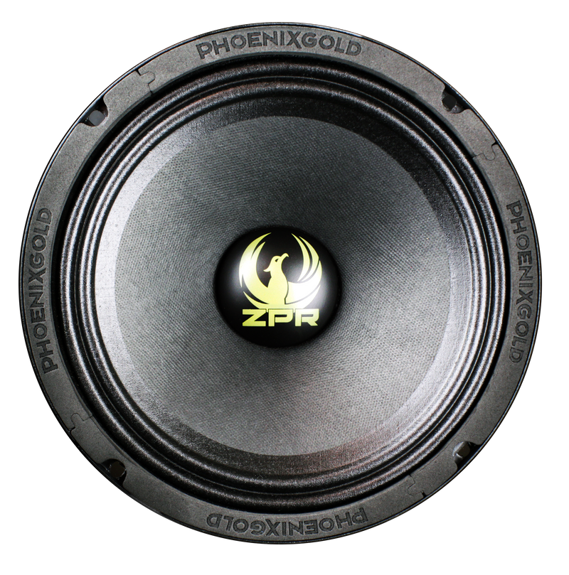 Speaker cone with 'PhoenixGold' and 'ZPR' branding on a black background