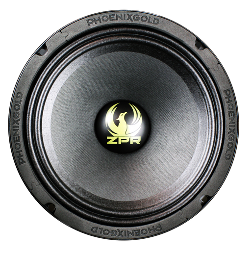 Speaker cone with 'PhoenixGold' and 'ZPR' branding on a black background