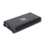 Black amplifier with a brand logo on a white background