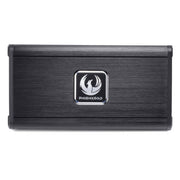 Black electronic device with a logo on a white background