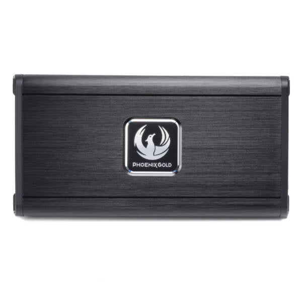 Black electronic device with a logo on a white background