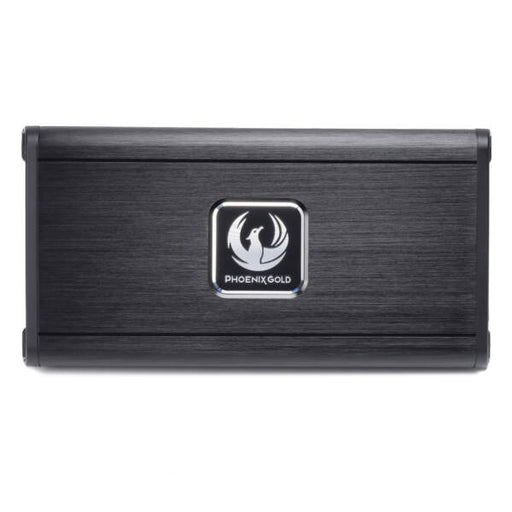 Black electronic device with a logo on a white background
