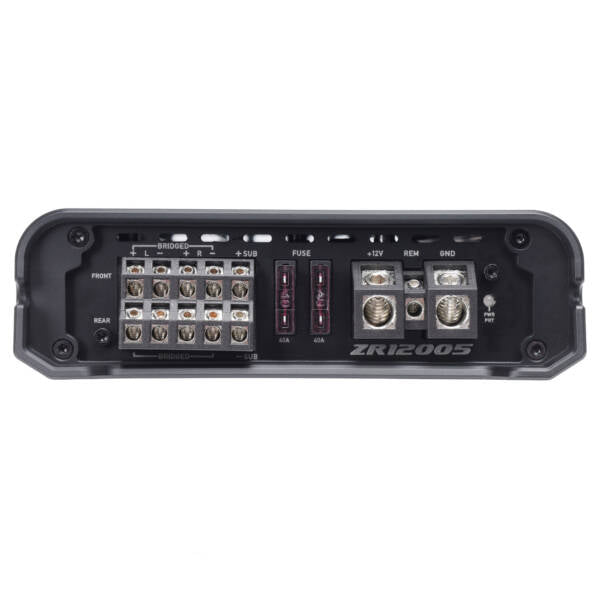 Car audio amplifier with various connection ports on a white background