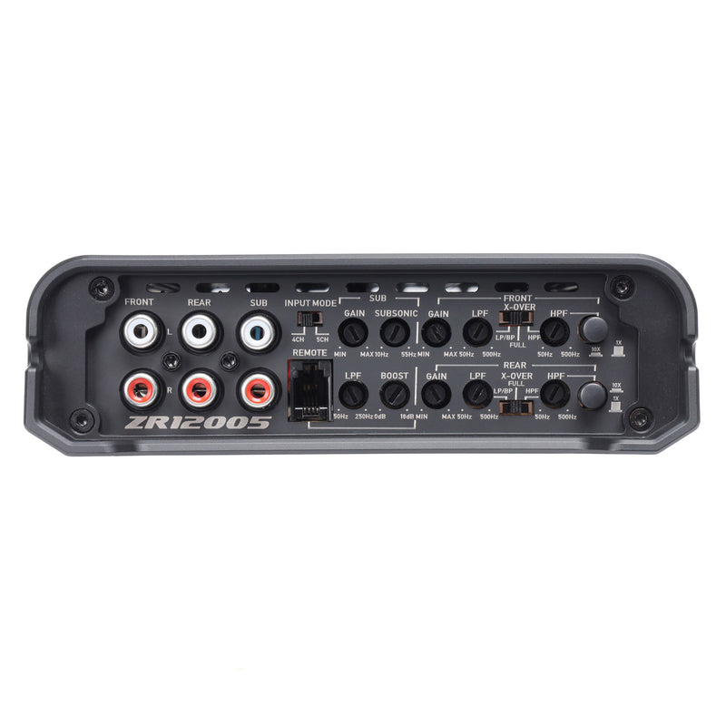 Audio amplifier with control panel on a white background