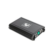 Black electronic device with a logo on a white background