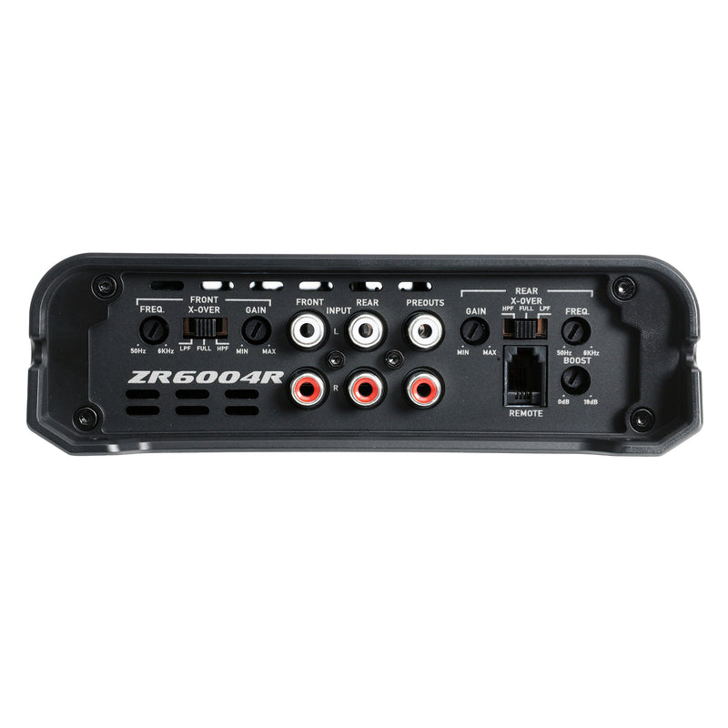 Car audio amplifier with multiple inputs and outputs on a white background