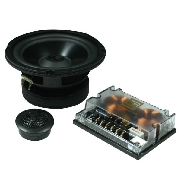 Speaker components including a driver unit and electronic module on a white background