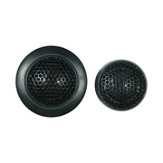 Two black speaker grilles with honeycomb pattern on a white background
