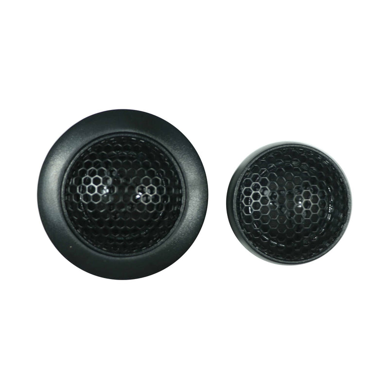 Two black speaker grilles with honeycomb pattern on a white background