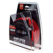 Amplifier install kit with red and black cables in clear packaging on a white background