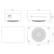 Technical drawing of a speaker with dimensions and brand name on a white background