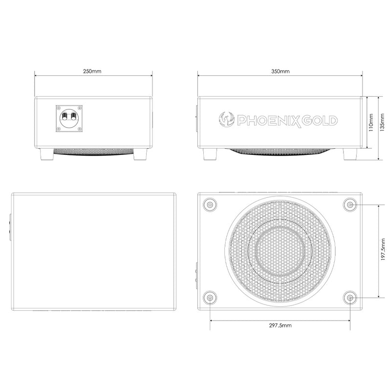 Technical drawing of a speaker with dimensions and brand name on a white background