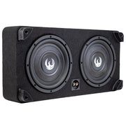 Black subwoofer enclosure with two speakers on a white background